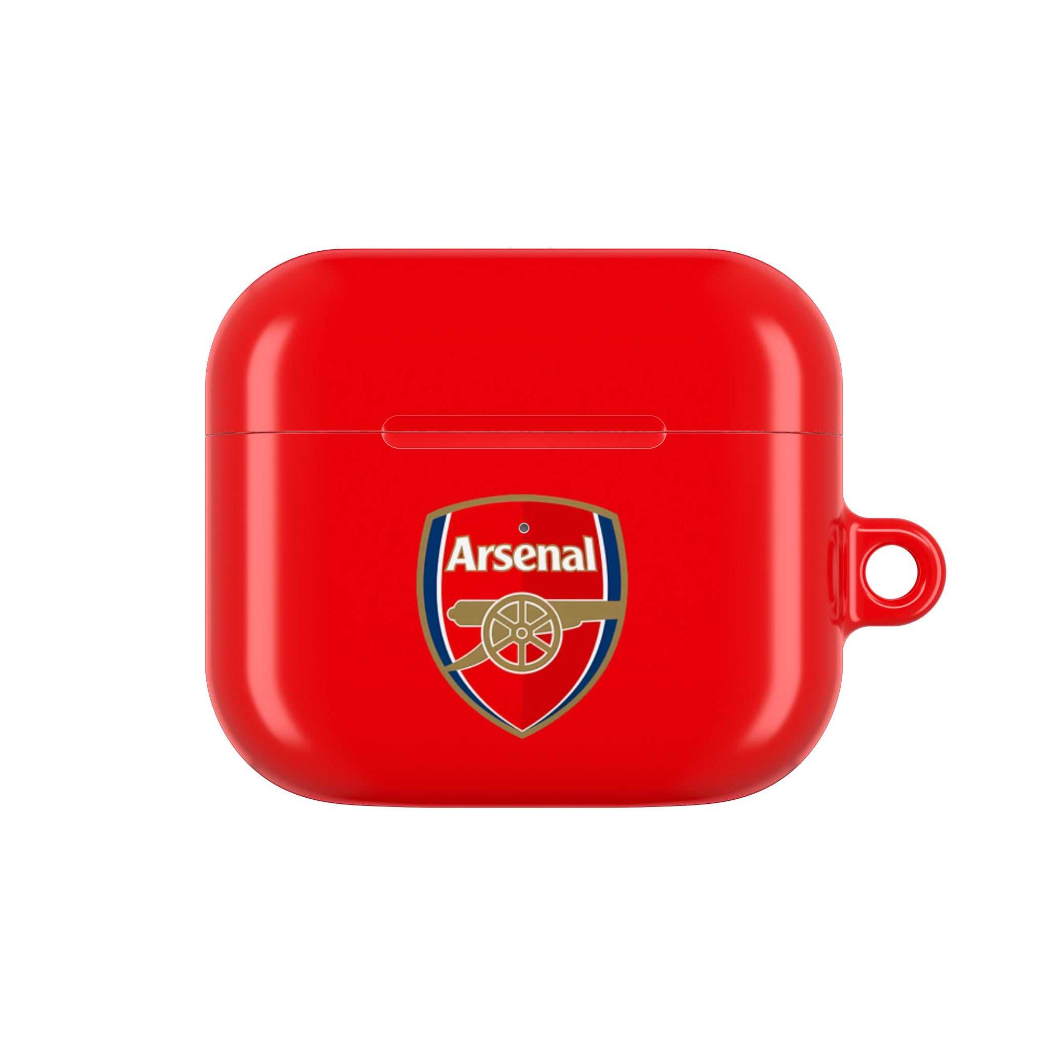 Red Arsenal FC AirPods case with club logo, durable protective cover for AirPods and AirPods Pro, glossy finish, and wireless charging support