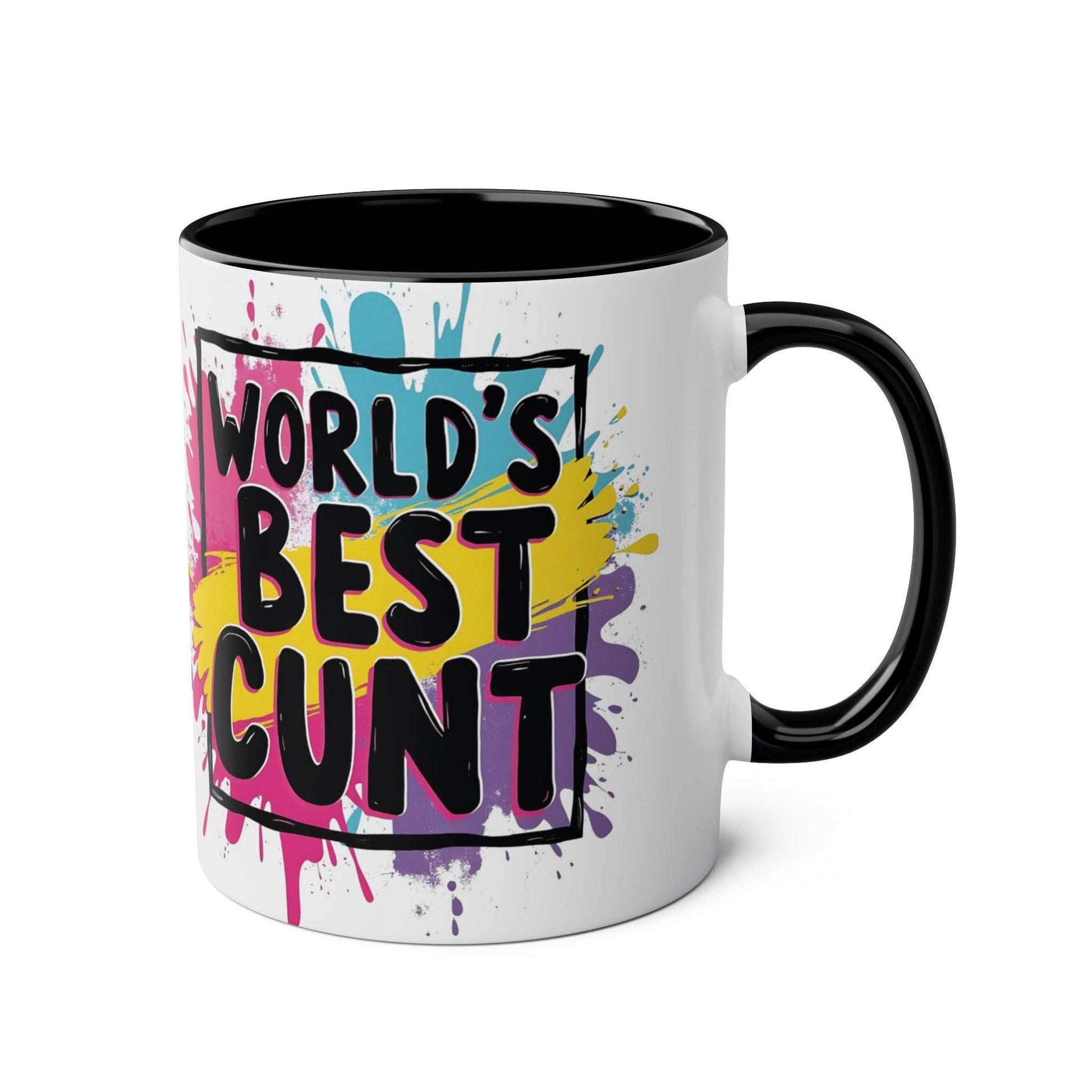 Cheeky rude ceramic two tone mug with "World's Best Cunt" design, black handle and interior, colorful splatter background, 11oz, glossy finish.