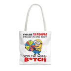 Funny Minion tote bag with cheeky design, durable polyester, and colorful handles