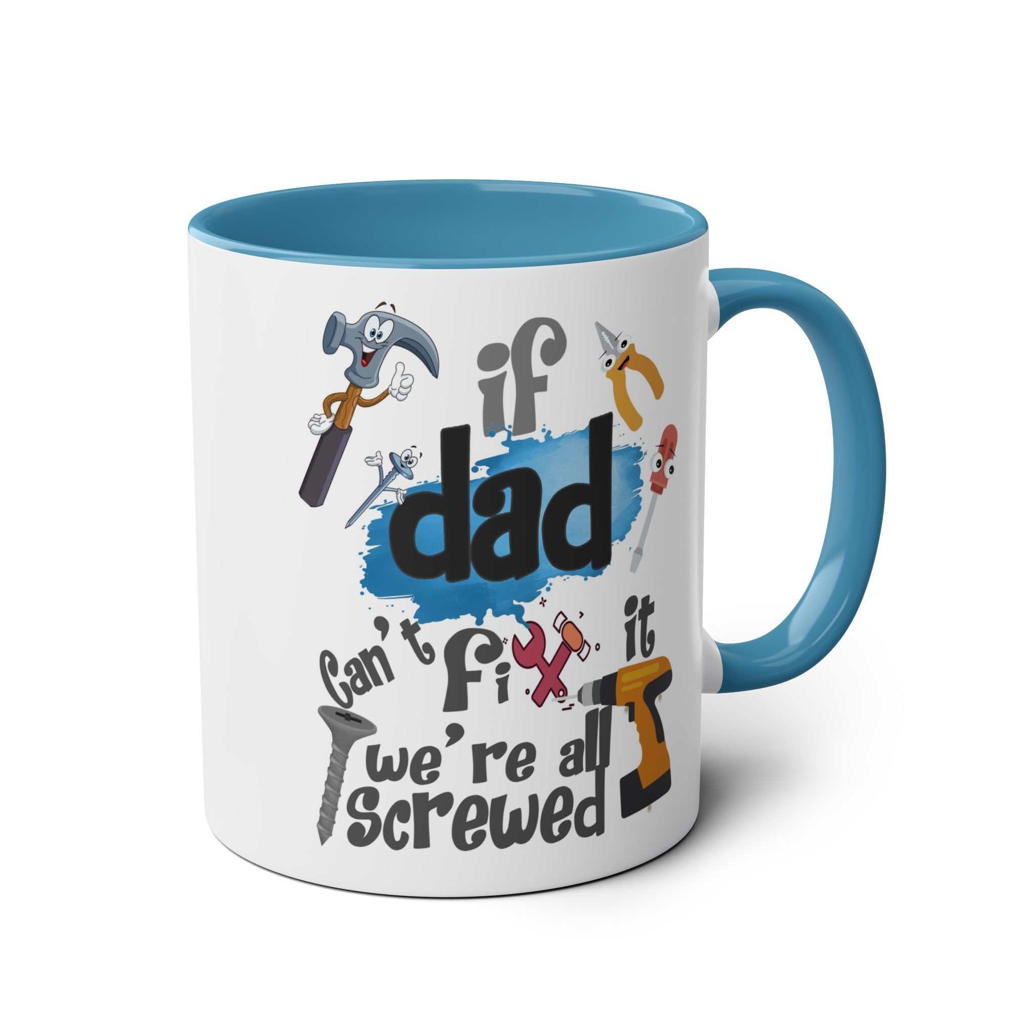 Colorful coffee mug with humorous text and illustrations, perfect as a fun Father's Day gift for dads.