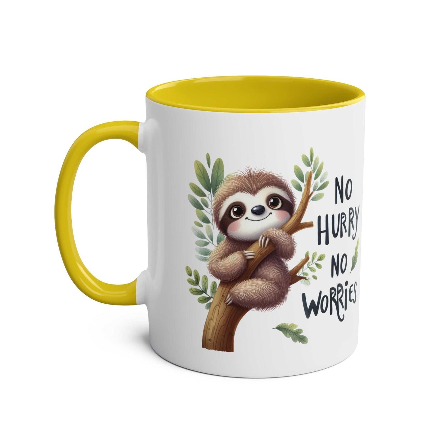 Cute sloth coffee mug with yellow handle and cheerful design.