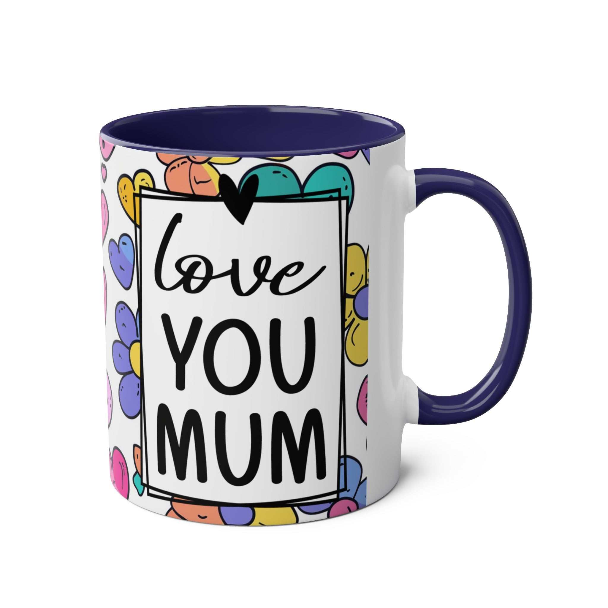 Love You Mum Floral Mug with delicate floral heart design and heartfelt message, 11oz ceramic, glossy finish, microwave and dishwasher safe.