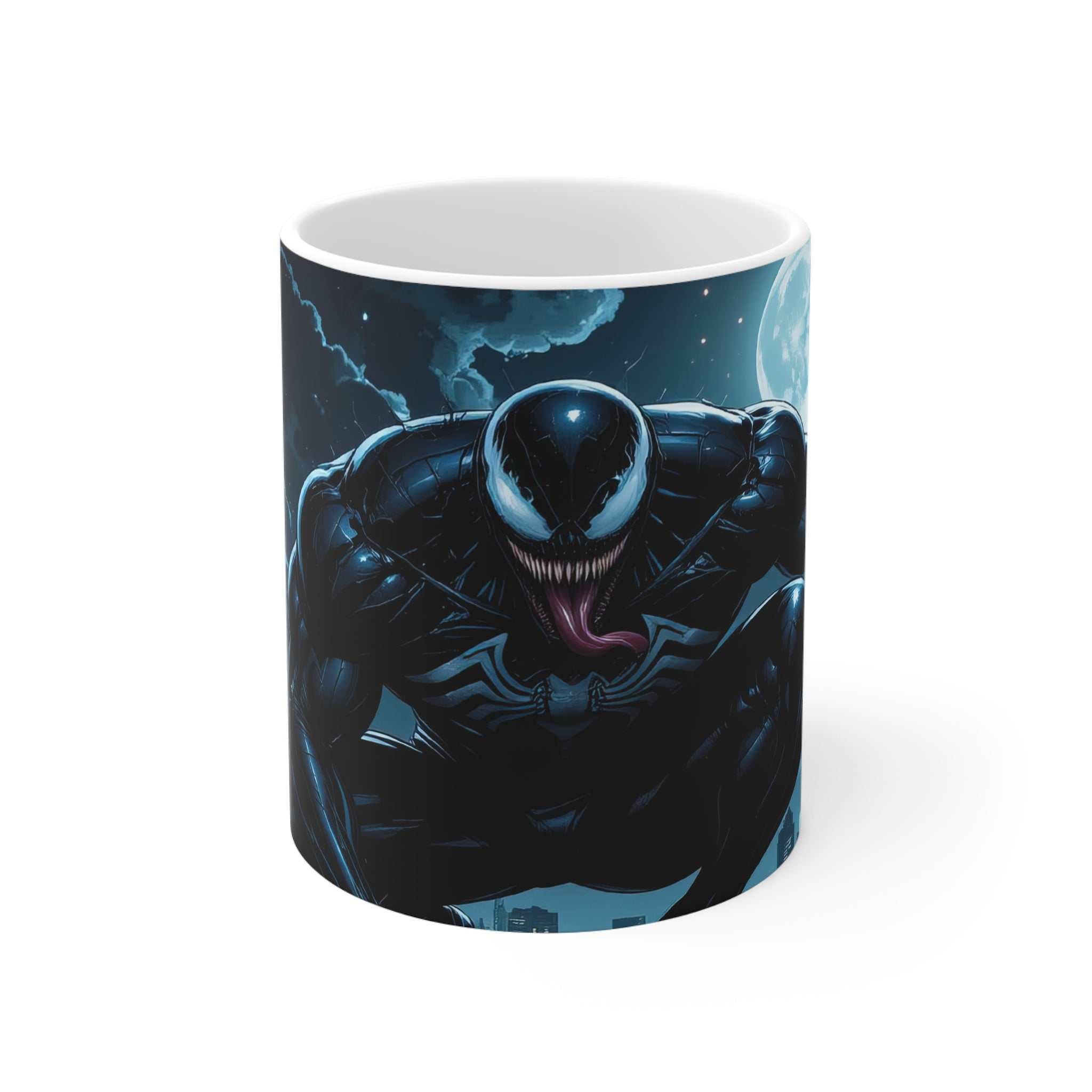 Glossy 11oz ceramic Venom-inspired coffee mug with vibrant villain design, microwave and dishwasher safe.
