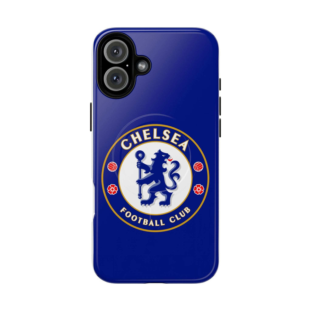 Chelsea FC MagSafe iPhone case in royal blue with club crest, dual-layer protection, and MagSafe compatibility
