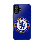 Chelsea FC MagSafe iPhone case in royal blue with club crest, dual-layer protection, and MagSafe compatibility