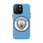 Manchester City MagSafe iPhone case with blue color and team logo, dual-layer protective design, and MagSafe compatibility