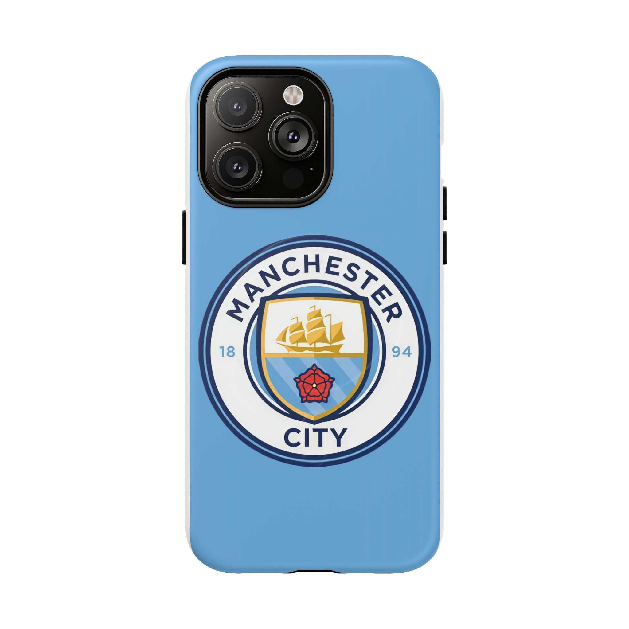 Manchester City MagSafe iPhone case with blue color and team logo, dual-layer protective design, and MagSafe compatibility