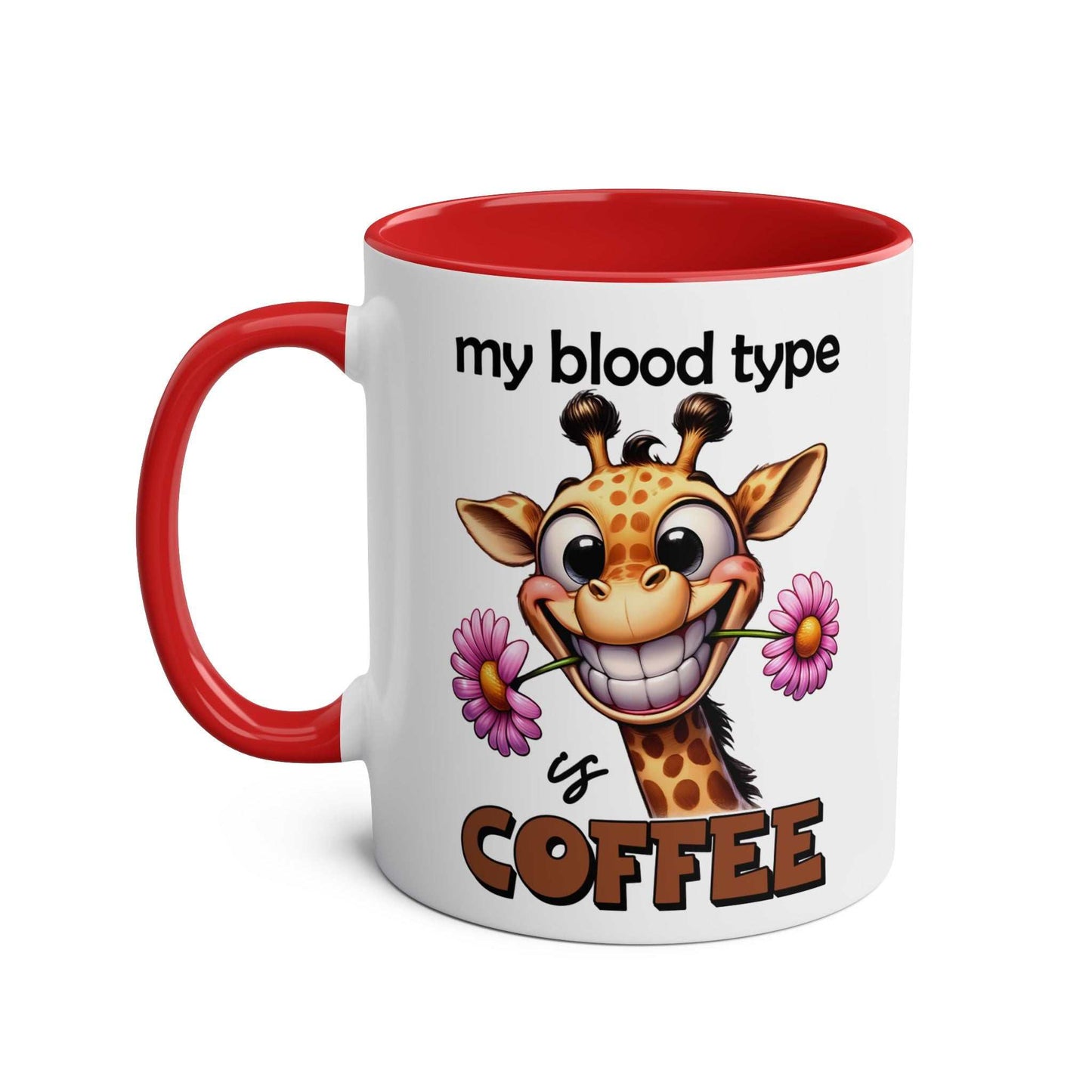 Funny giraffe design on 'My Blood Type Coffee Mug' with red handle.