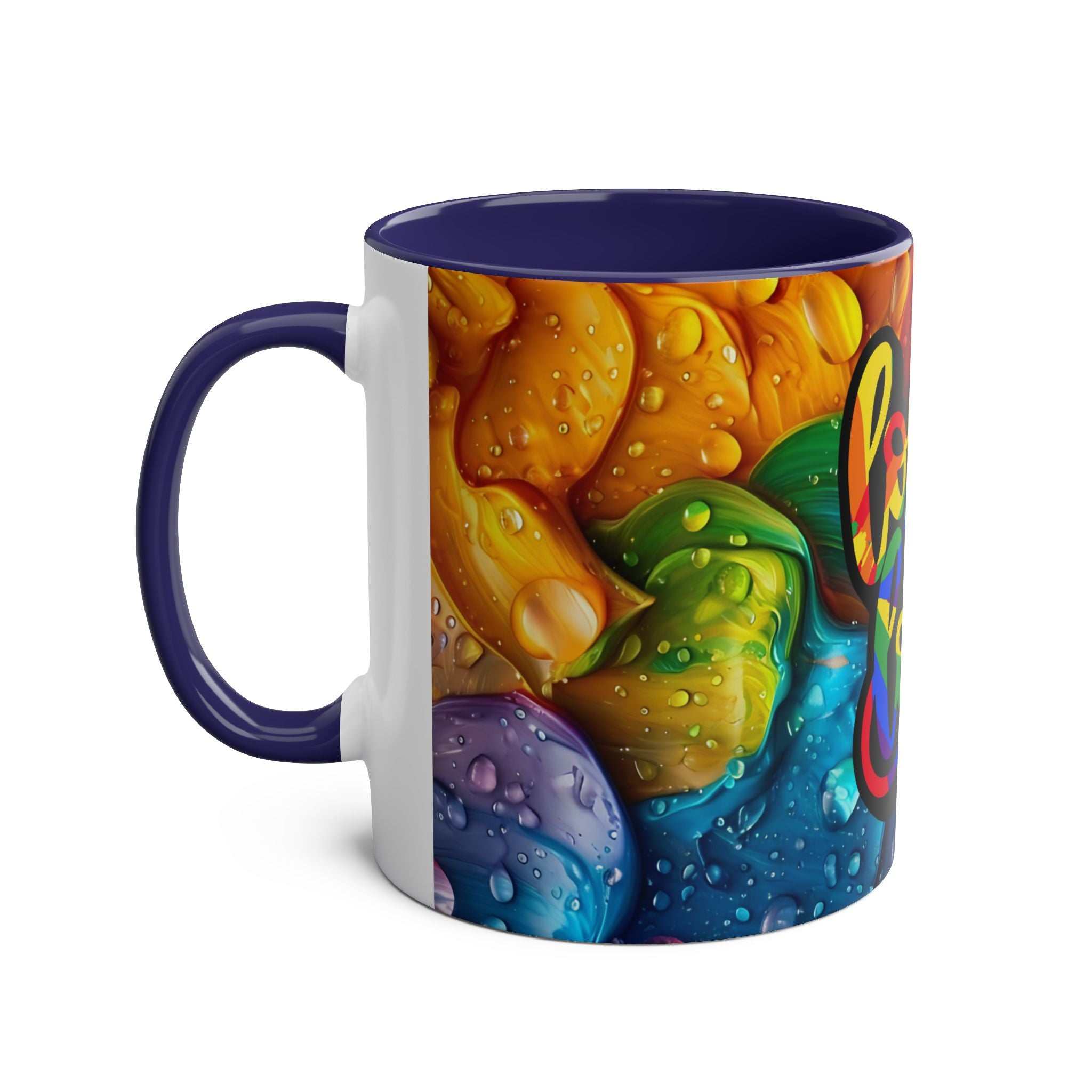 LGBTQ+ Pride mug with vibrant rainbow design and glossy ceramic finish.