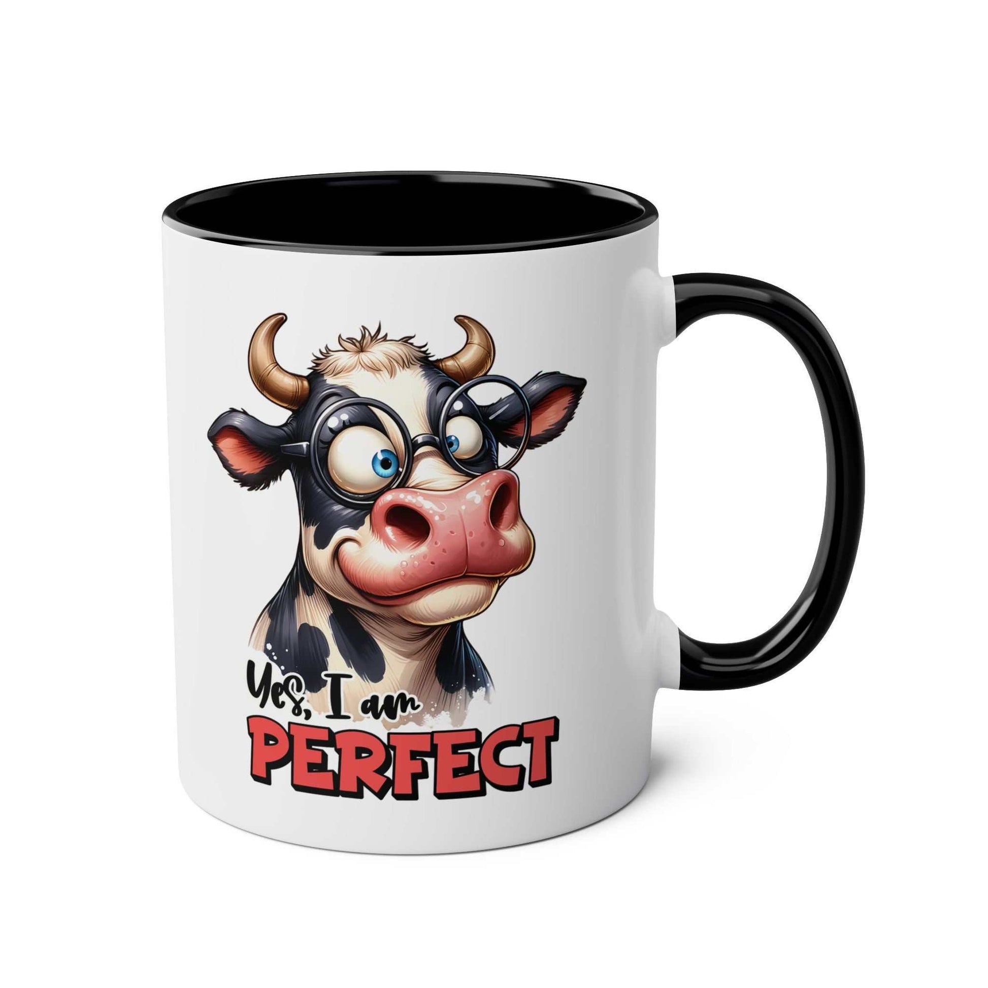 I Am Perfect Coffee Mug with fun cow design, glossy finish, 11oz ceramic, microwave and dishwasher safe.