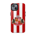Sunderland FC MagSafe iPhone case with red and white stripes and club crest, dual layer protection, and wireless charging compatible