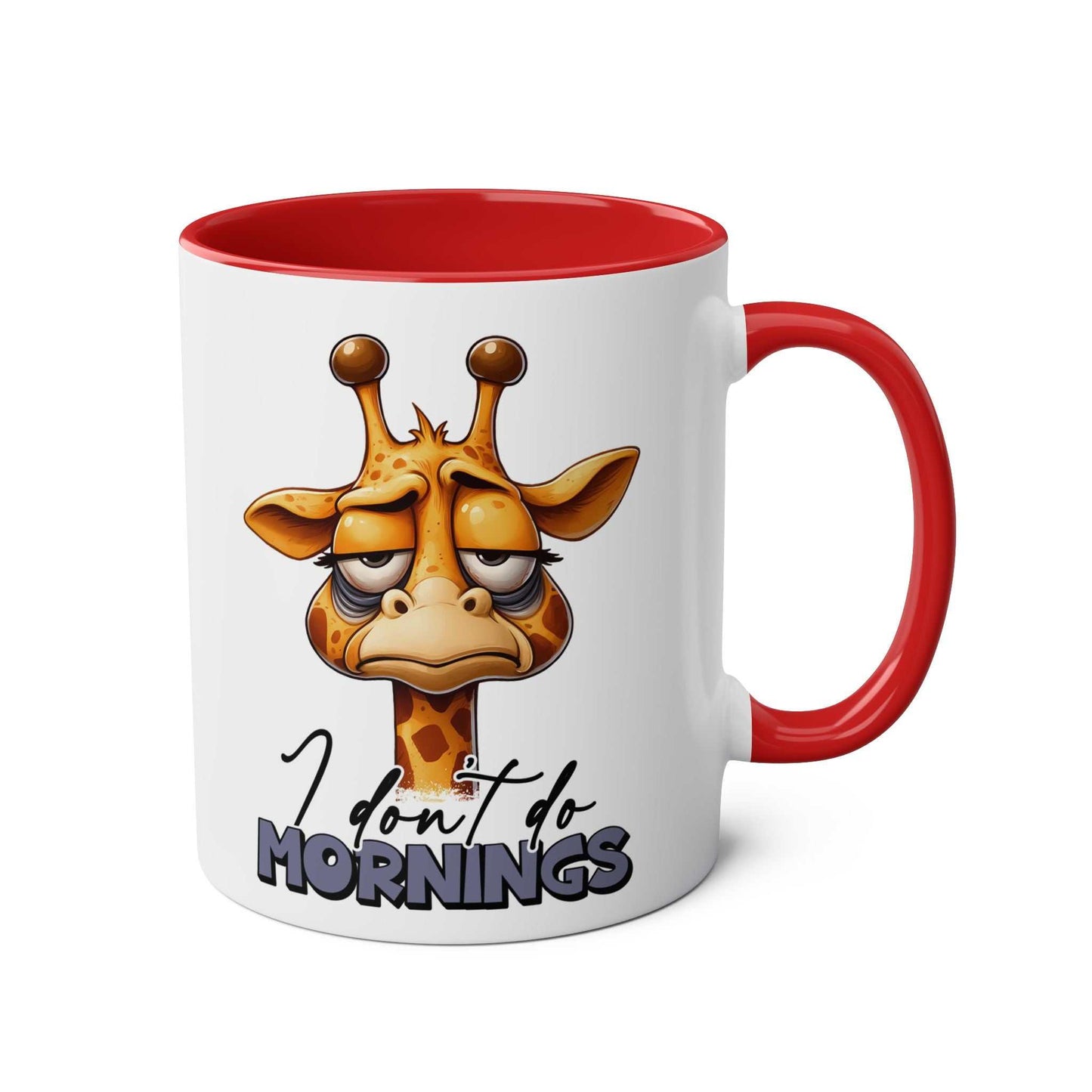 Dont Do Mornings Coffee Mug with playful giraffe design and red handle.