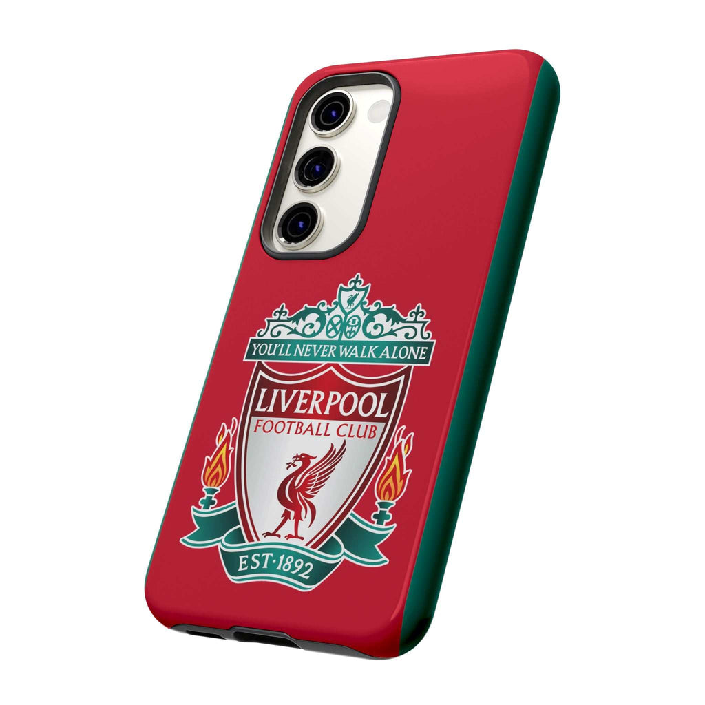 Liverpool FC magnetic shockproof Samsung Galaxy case in red with dual-layer defense and wireless charging compatibility