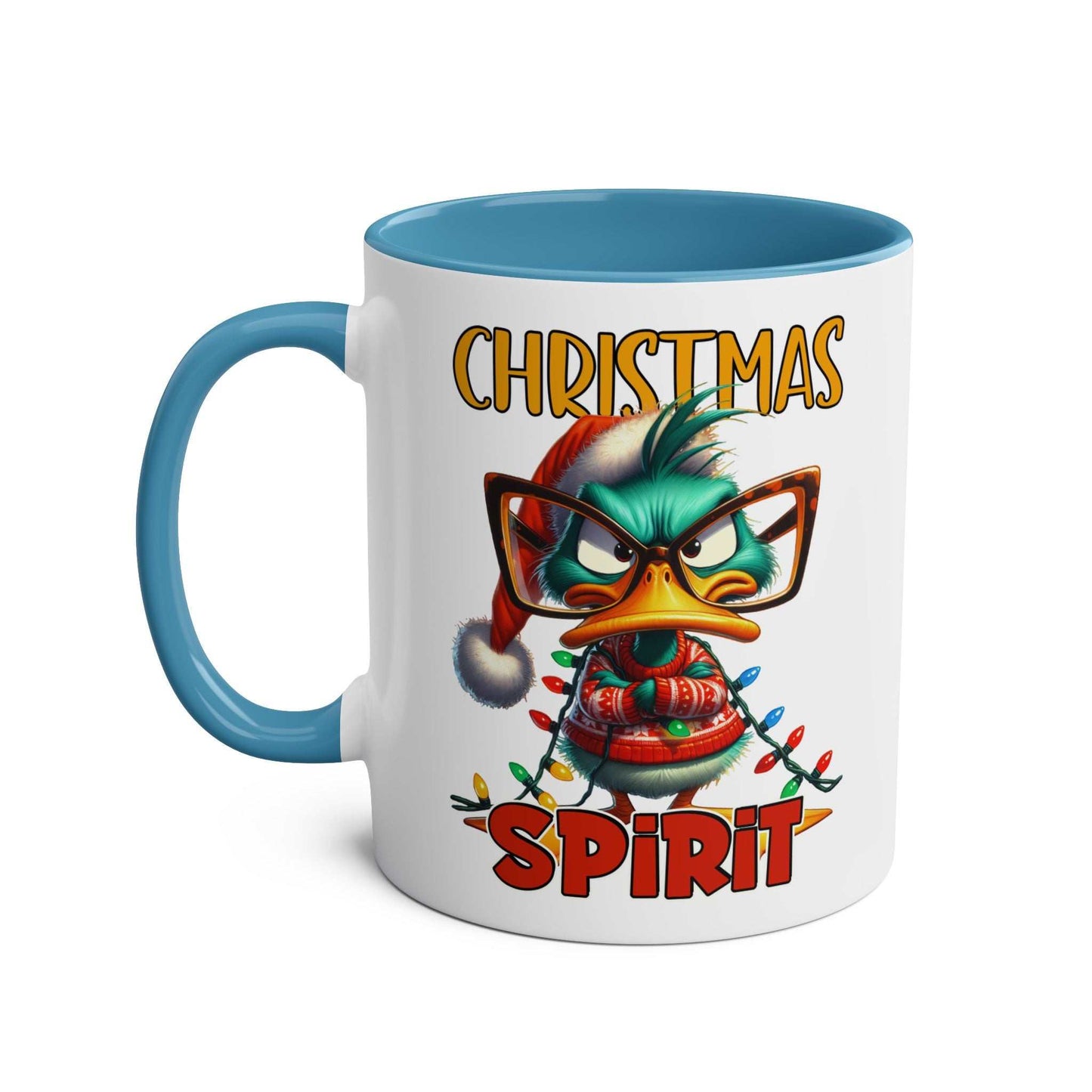 Sarky Christmas mug with duck design, colorful handle, and "Christmas Spirit" text.