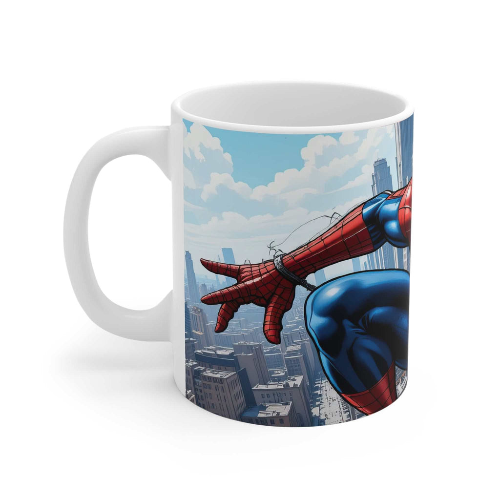 White ceramic mug featuring vibrant Spider-Man superhero design swinging through city skyline, 11oz capacity, glossy finish, microwave and dishwasher safe