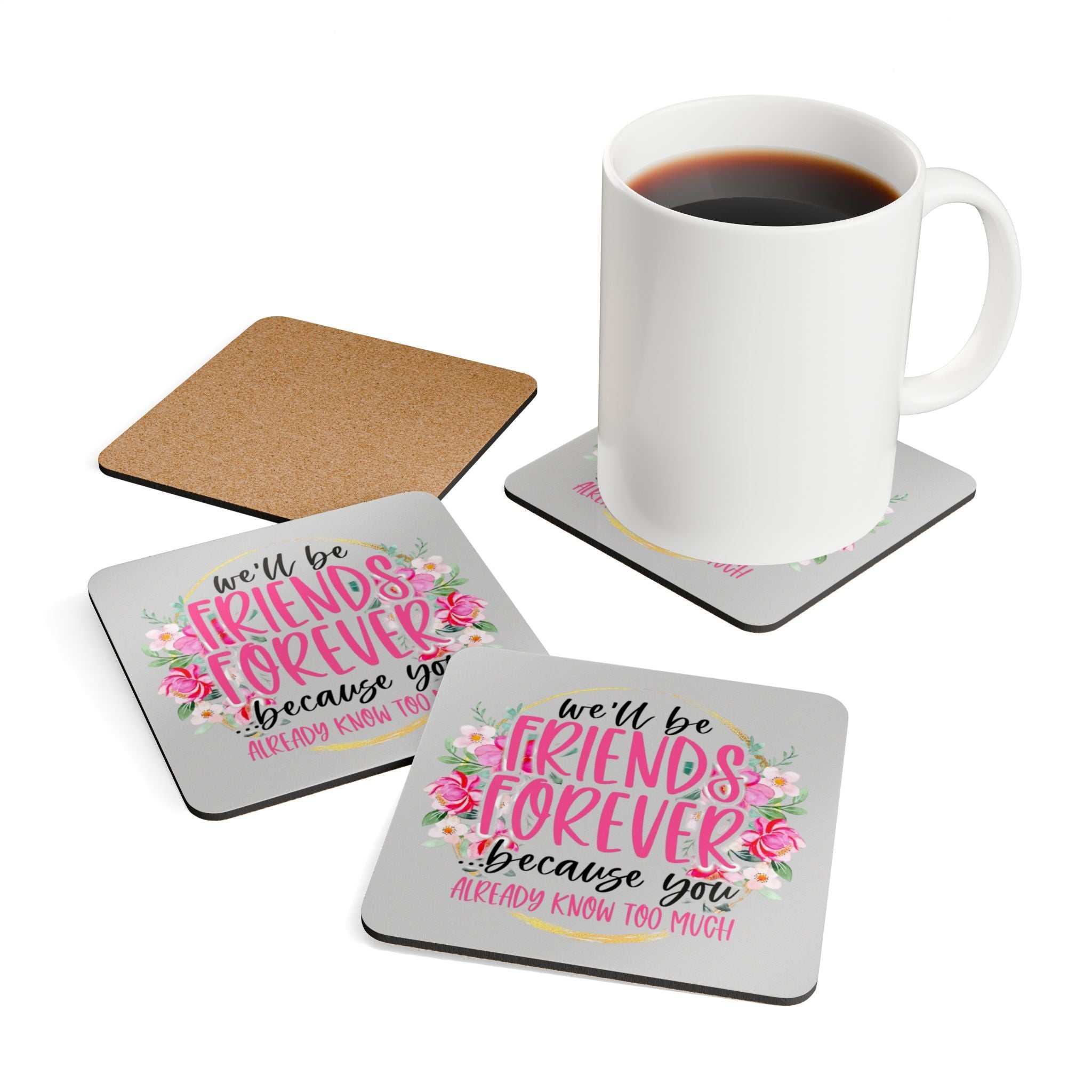 Friends Forever Coaster Set with fun design protecting table from stains, perfect friendship gift.