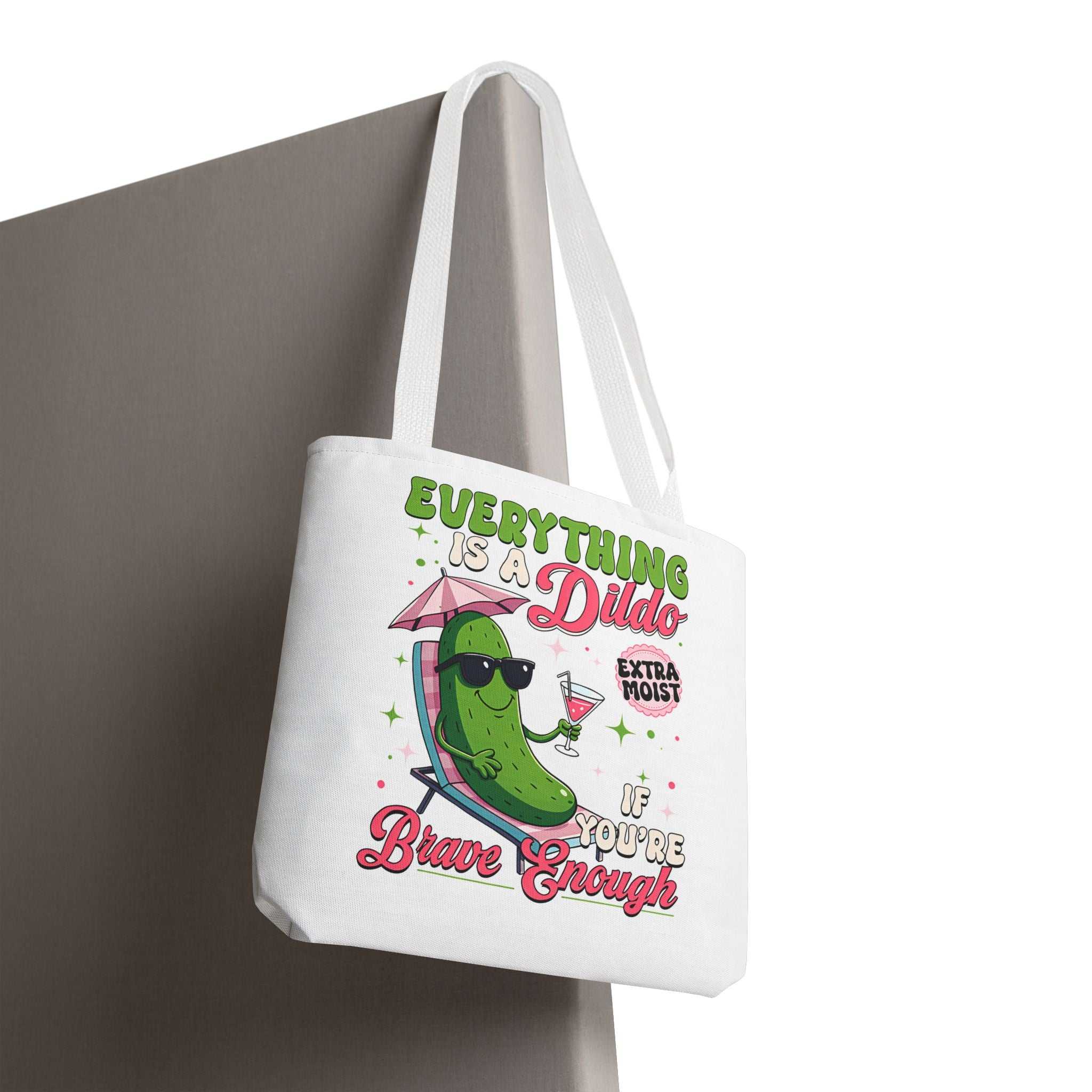 Cheeky Quote Pickle Tote Bag with fun design, durable spun polyester, and colorful handles for everyday use