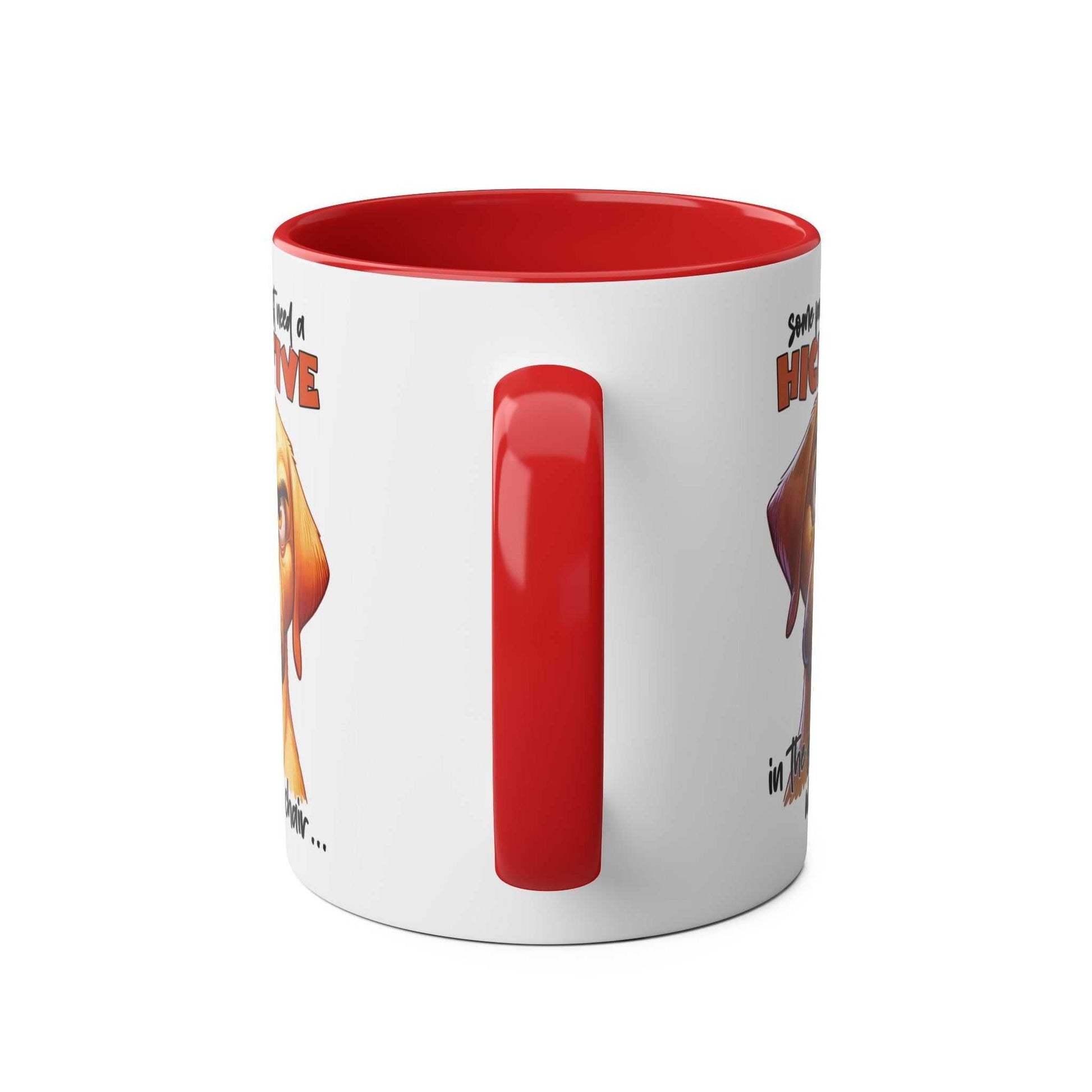 High Five Coffee Mug with snarky dog graphic and red handle, 11oz ceramic.