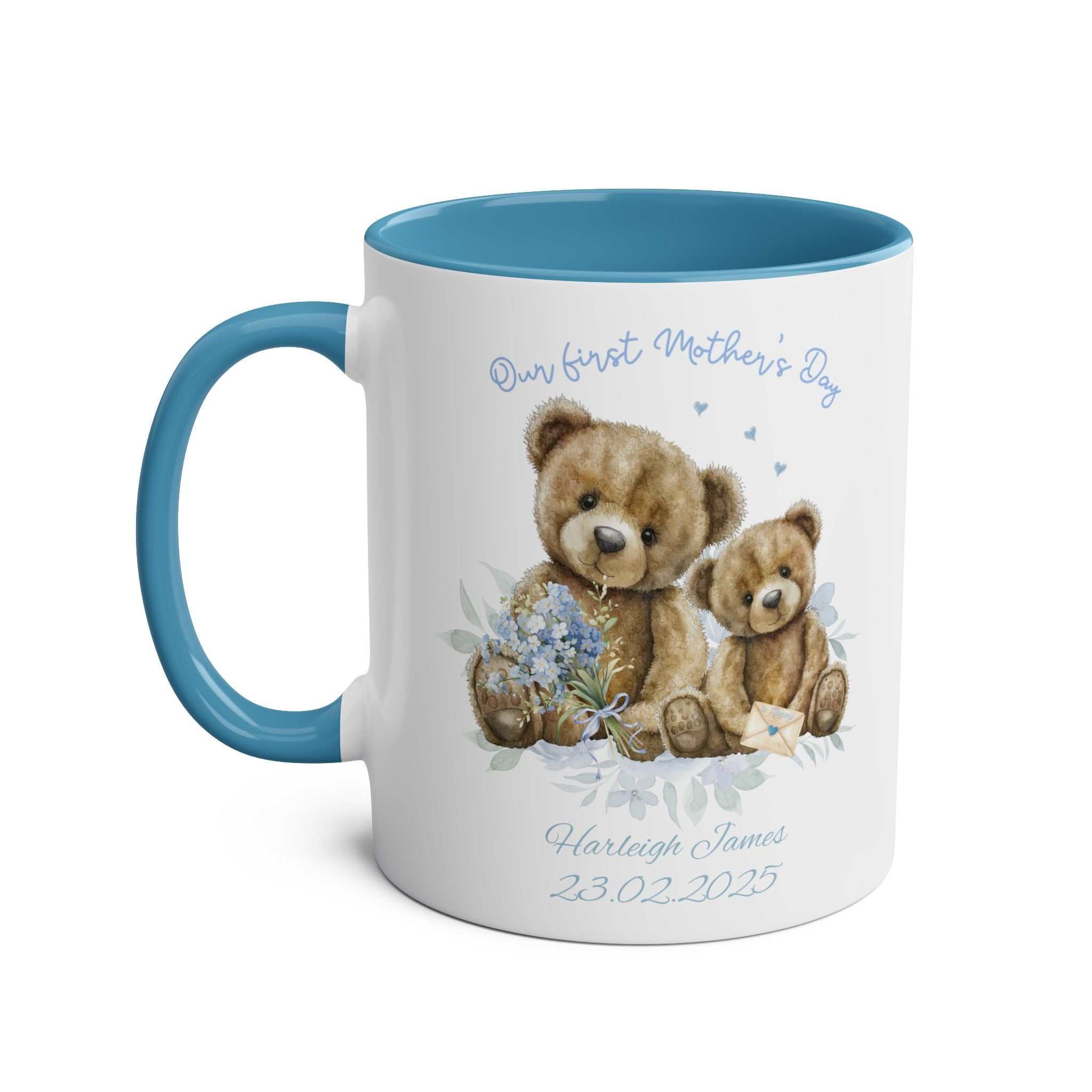 Personalised Our First Mother's Day Boy Gift Mug with teddy bear design, customizable message, blue handle, 11oz ceramic, perfect for new moms.