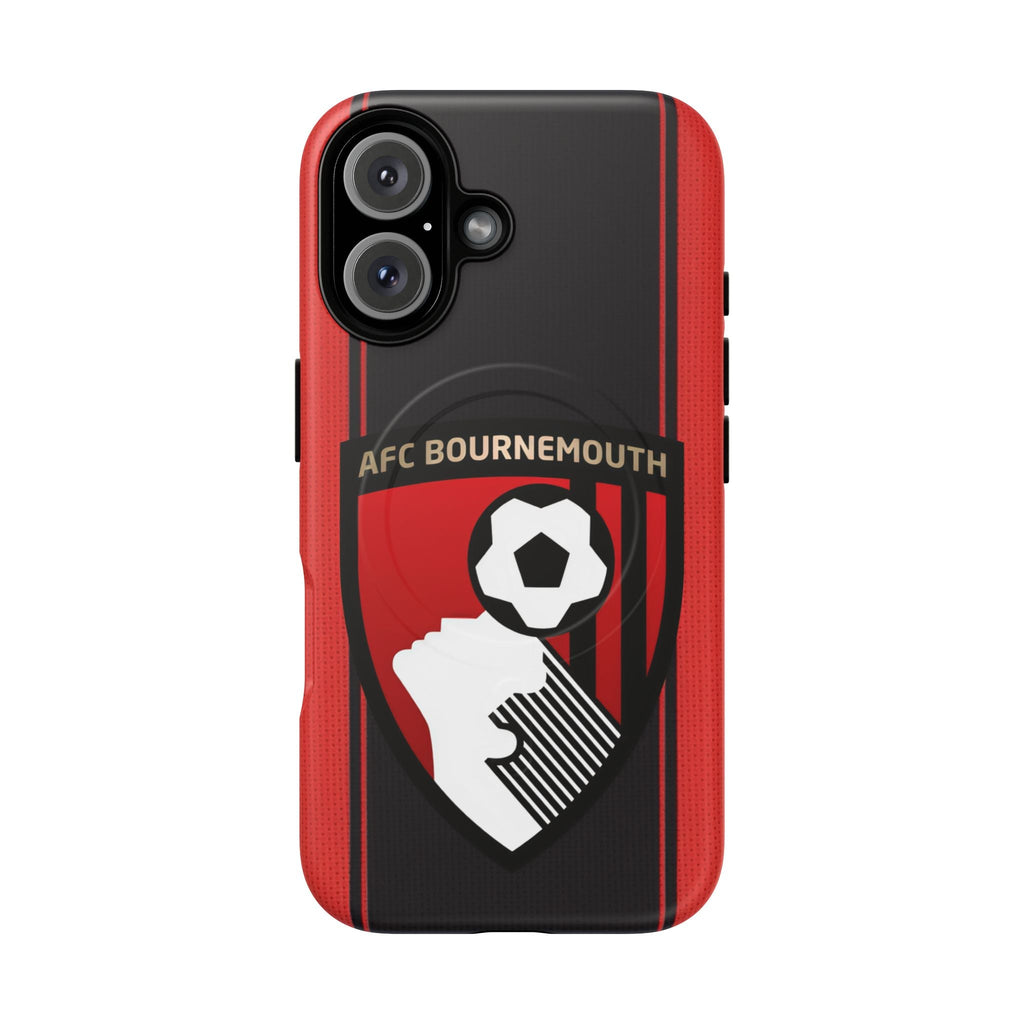 AFC Bournemouth MagSafe iPhone case with red and black club colors and crest, dual-layer protective design, MagSafe compatible.