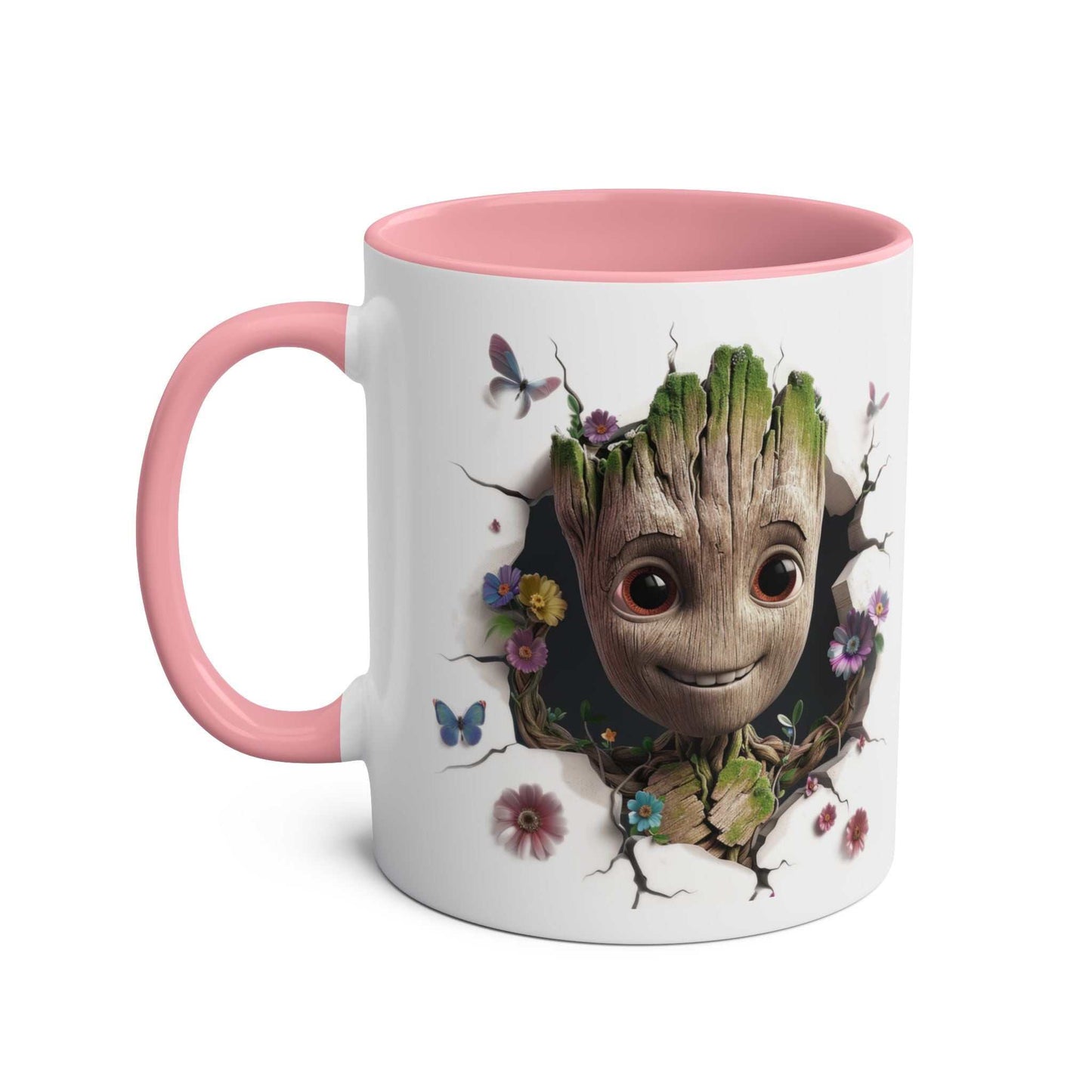 Baby Groot inspired coffee mug with a playful design, available in seven colors, glossy finish, microwave and dishwasher safe, 11oz ceramic.