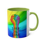LGBTQ+ Pride Mug with rainbow design and "Love is Love" message.