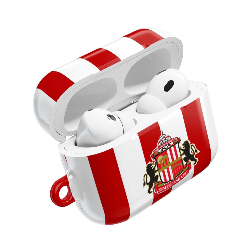 Sunderland FC AirPods case with red and white stripes and club crest, durable protective hard shell compatible with AirPods and AirPods Pro.