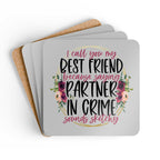 Partner In Crime Coaster Set with fun design, high-gloss MDF top, cork back, non-slip, water-repellent, perfect friendship gift.