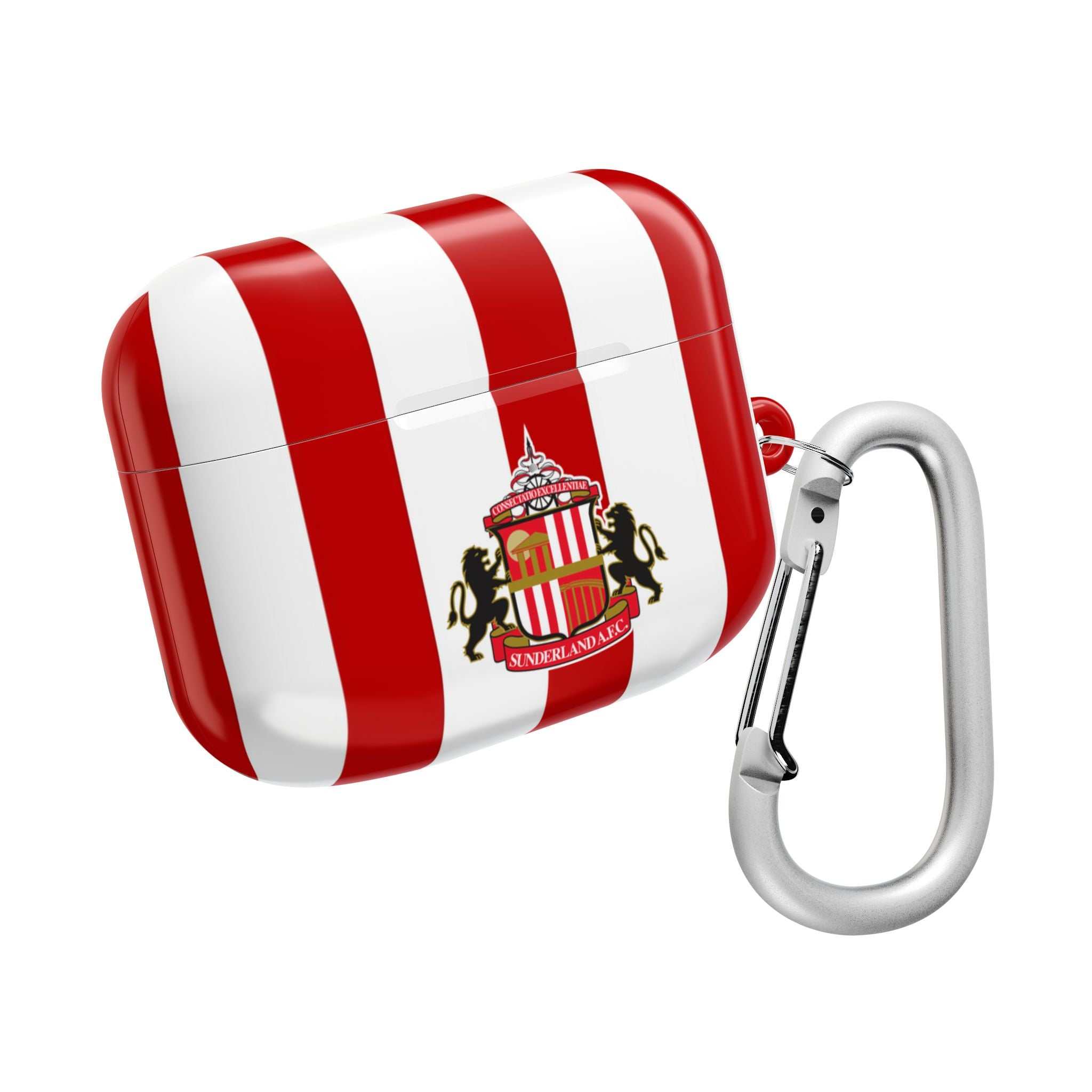 Sunderland FC AirPods protective case with red and white stripes and club crest, shock-resistant and wireless charging compatible