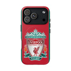 Liverpool FC MagSafe iPhone case with red club crest, dual-layer protection, and MagSafe compatibility