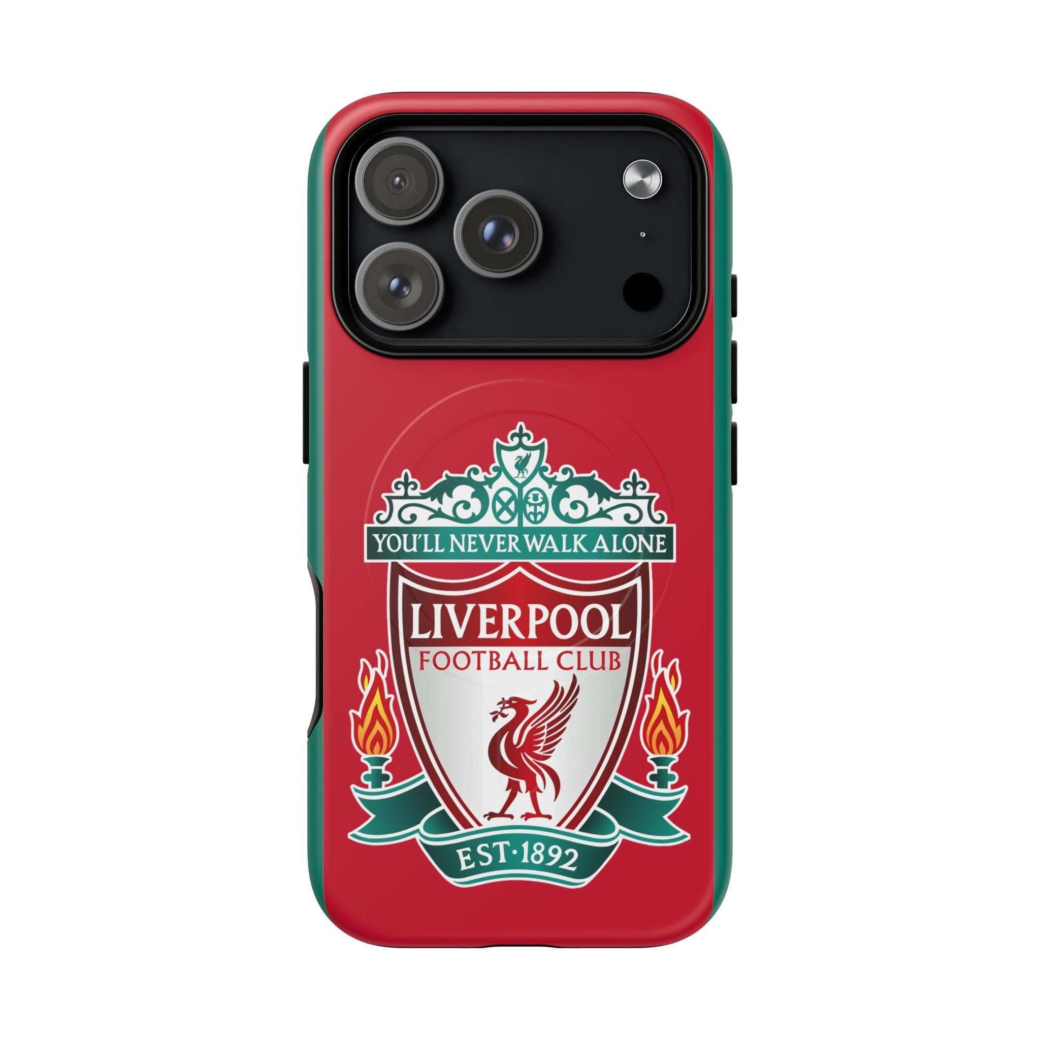 Liverpool FC MagSafe iPhone case with red club crest, dual-layer protection, and MagSafe compatibility