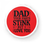 Dad Farts Stink Bottle Opener in bottle cap shape with bold red and black design and magnetic top