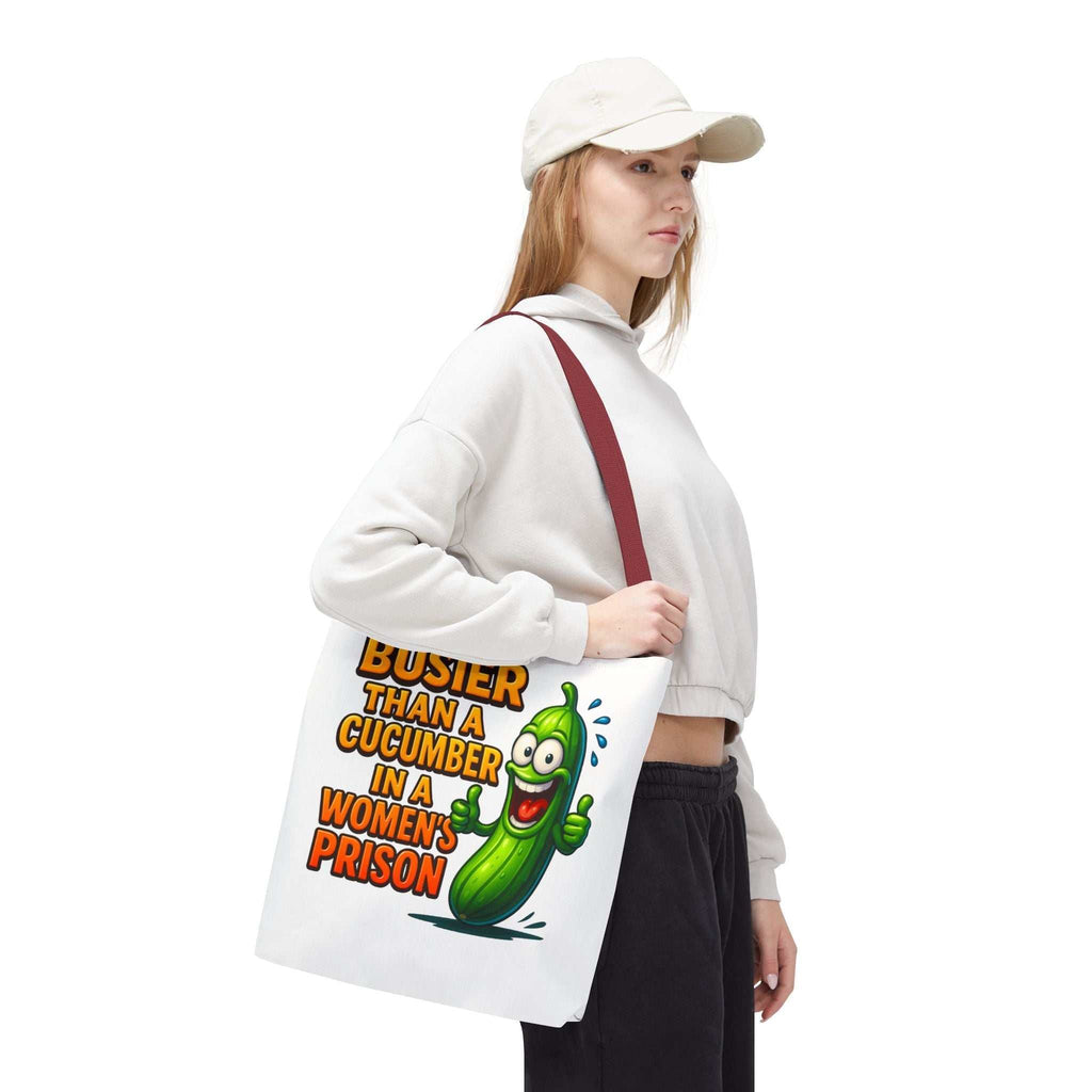 Busier Than a Cucumber Tote Bag with cheeky design and colorful handles, durable polyester tote for errands and casual outings