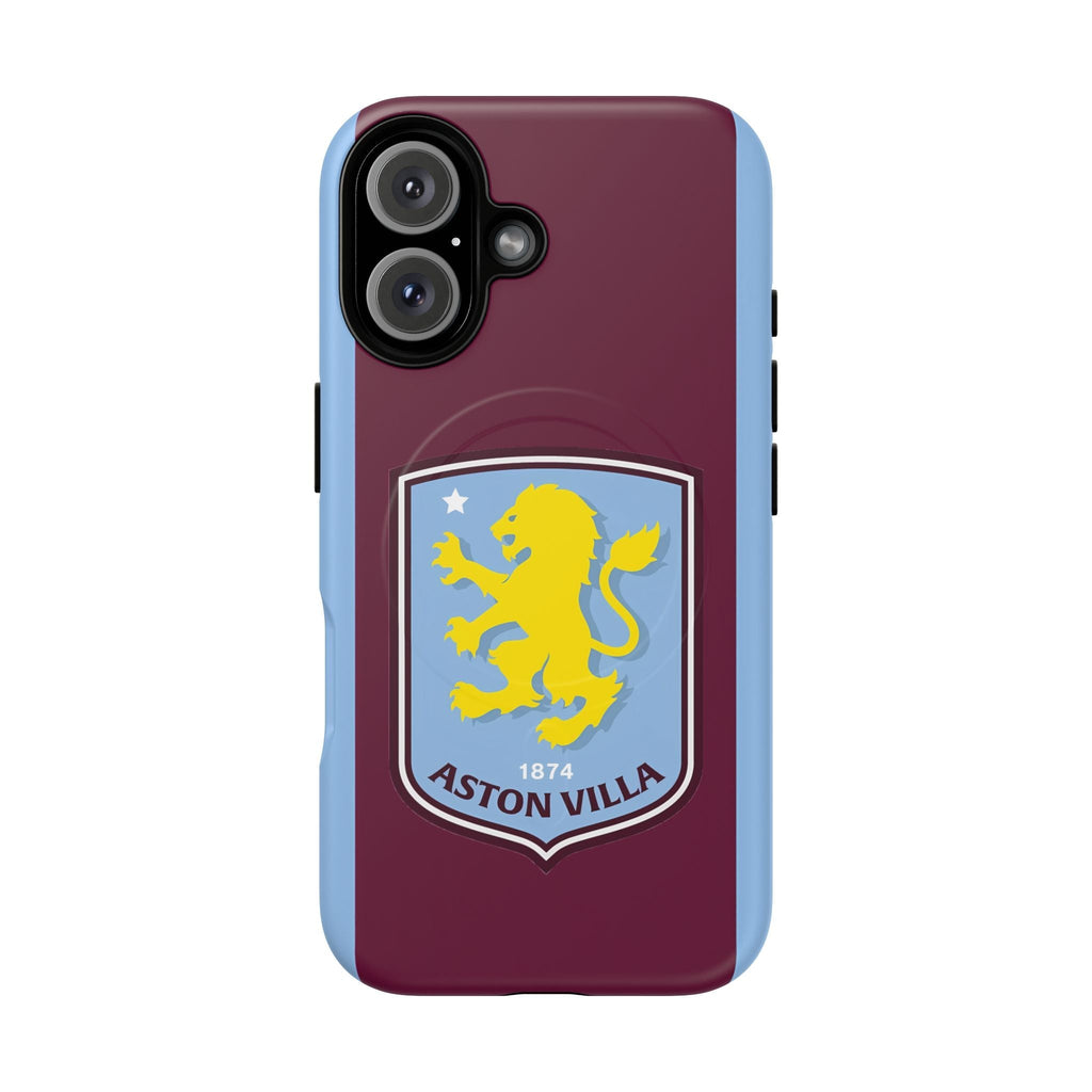Aston Villa MagSafe iPhone case with claret and blue colors and club crest, dual-layer protection, and MagSafe compatibility