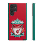 Liverpool FC magnetic shockproof Samsung Galaxy case in red with dual-layer defense and wireless charging compatibility