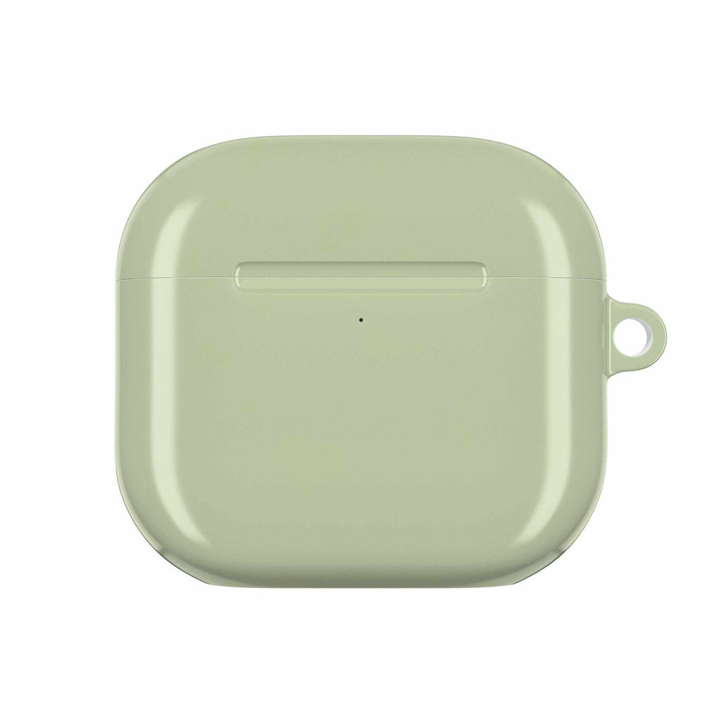 Sage green hard shell AirPods protective case with glossy finish and wireless charging compatibility