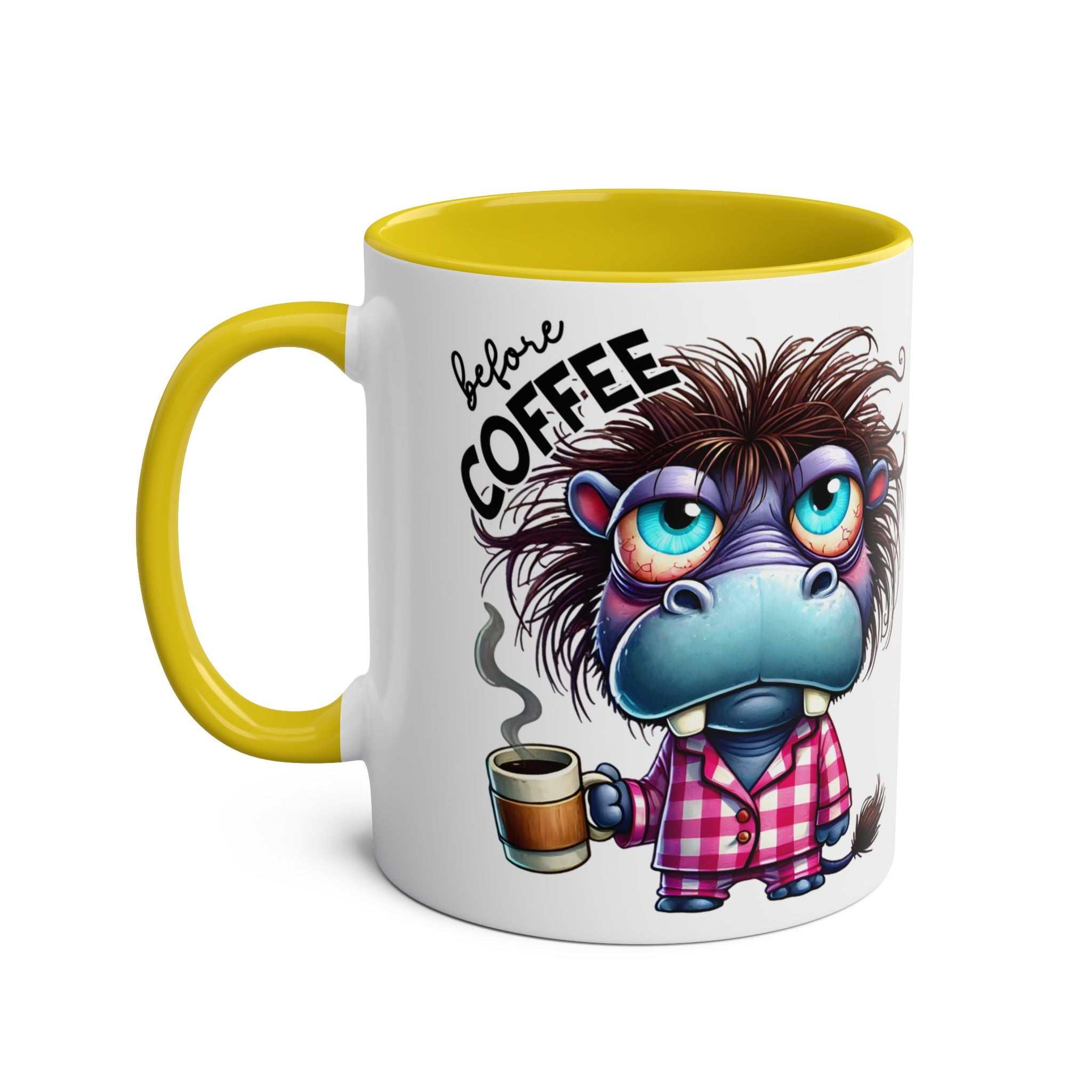 Fun Sarcastic Coffee Mug with cartoon character and "before coffee" text, yellow handle, humorous 11oz ceramic.