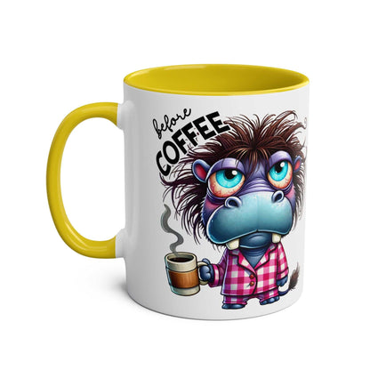 Fun Sarcastic Coffee Mug with cartoon character and "before coffee" text, yellow handle, humorous 11oz ceramic.