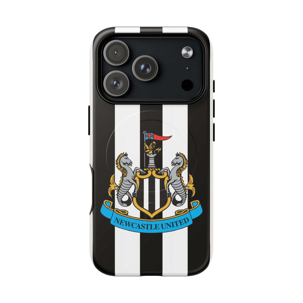Newcastle United MagSafe iPhone case with black and white stripes and club crest, dual-layer protection and wireless charging compatible