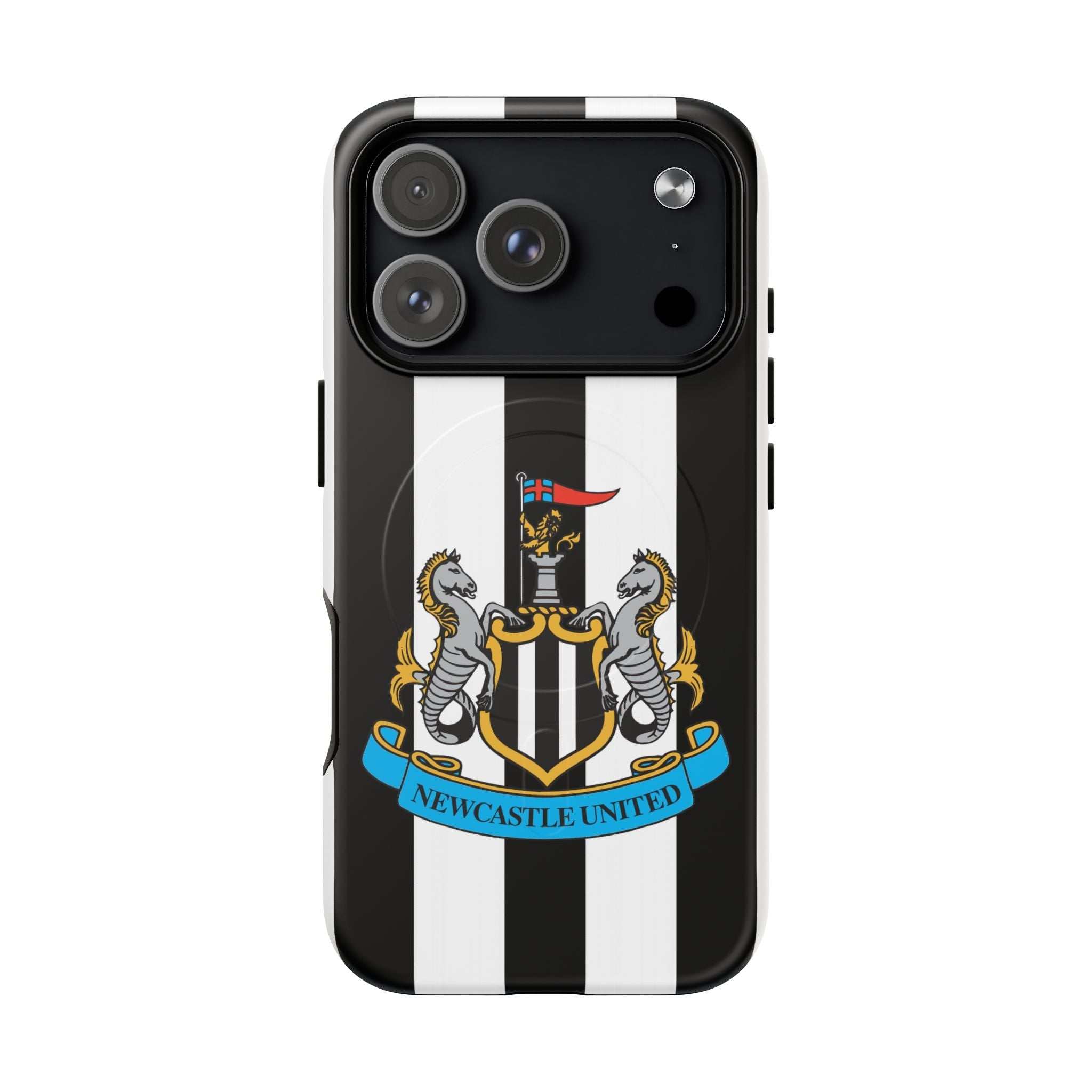 Newcastle United MagSafe iPhone case with black and white stripes and club crest, dual-layer protection and wireless charging compatible