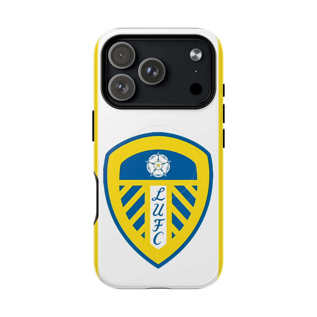 Leeds Utd MagSafe iPhone case with official-inspired crest, dual-layer protection, shock-absorbing TPU, and MagSafe compatibility