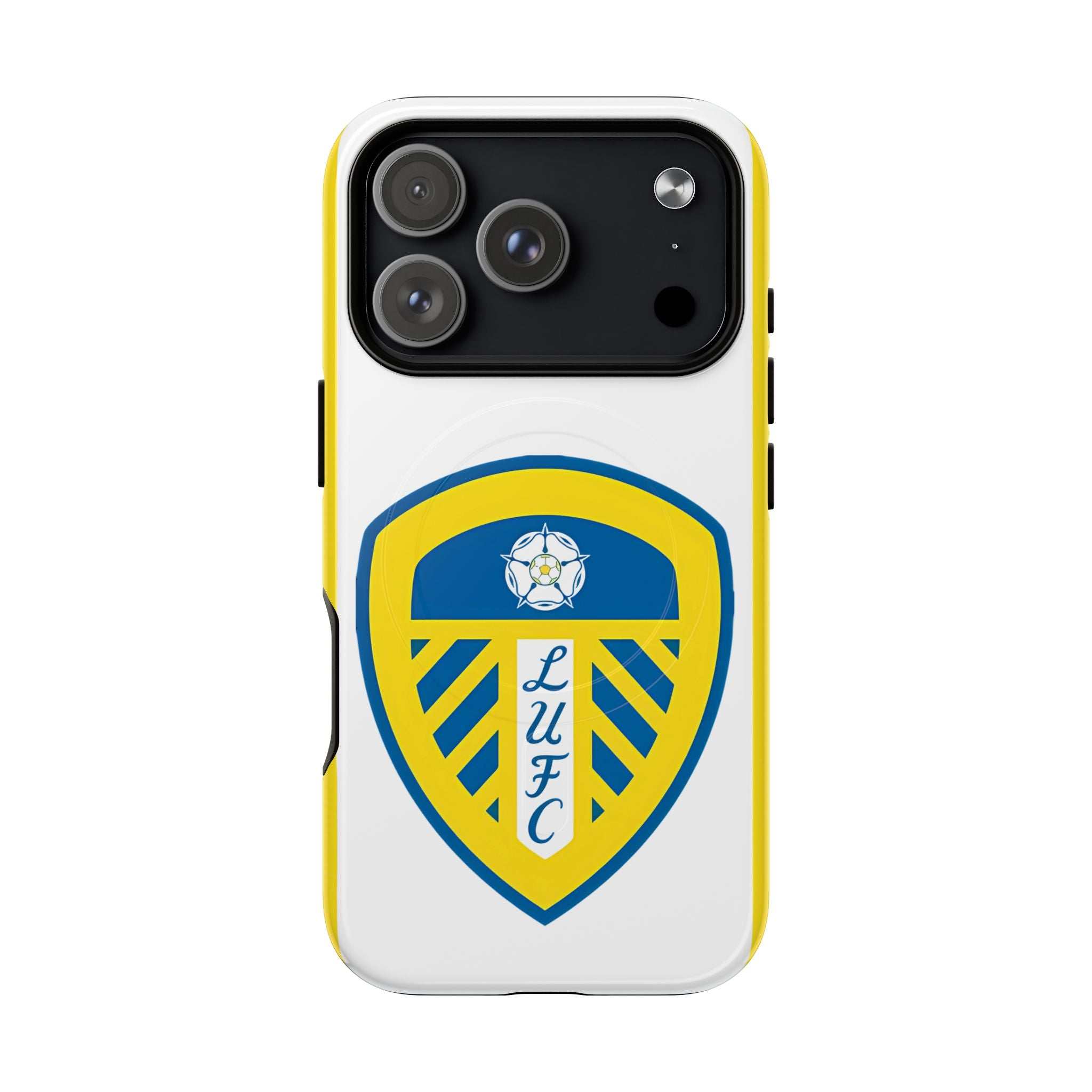 Leeds Utd MagSafe iPhone case with official-inspired crest, dual-layer protection, shock-absorbing TPU, and MagSafe compatibility