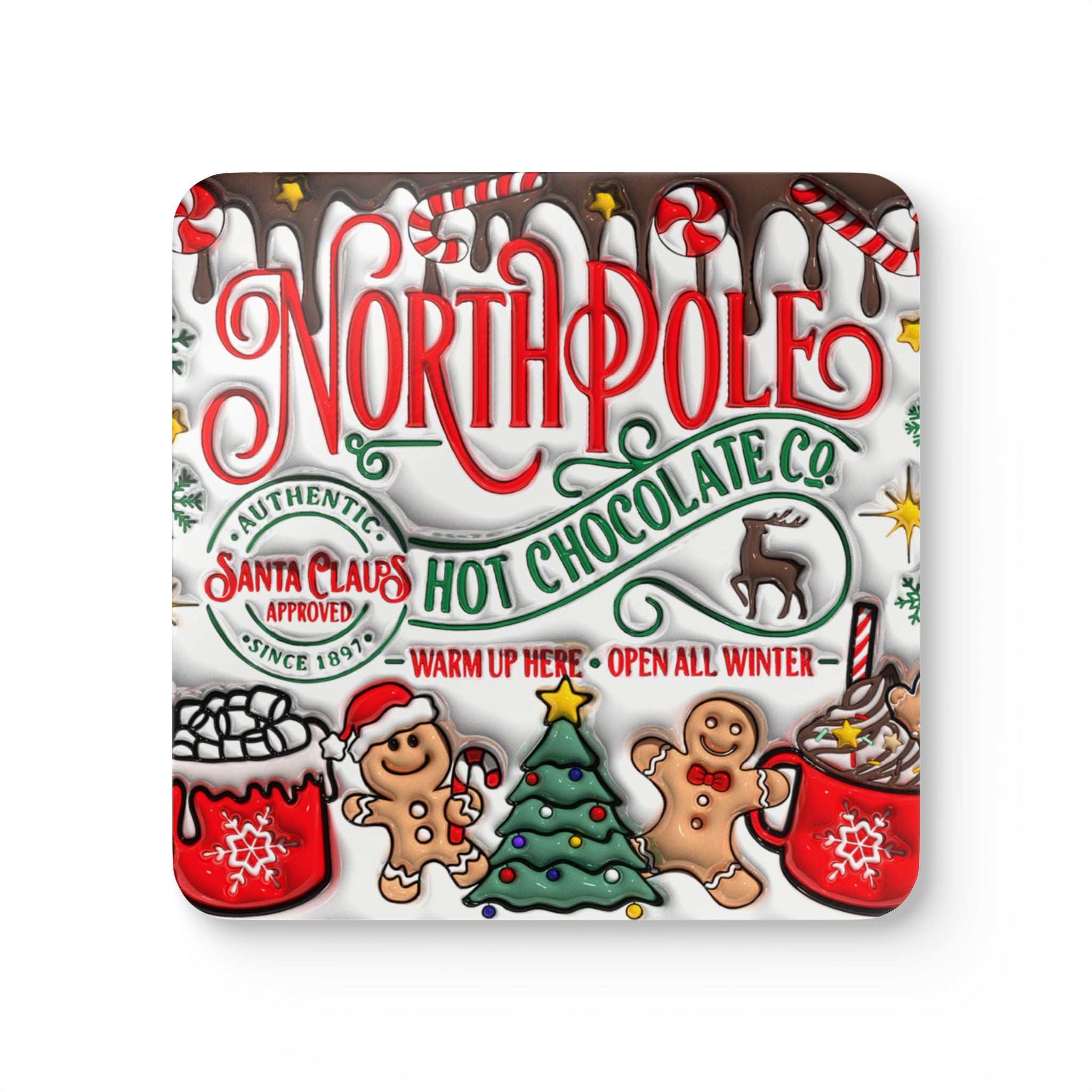 Northpole Christmas Coaster Set with festive design featuring hot chocolate, gingerbread, and Christmas trees.