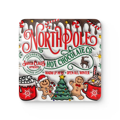 Northpole Christmas Coaster Set with festive design featuring hot chocolate, gingerbread, and Christmas trees.