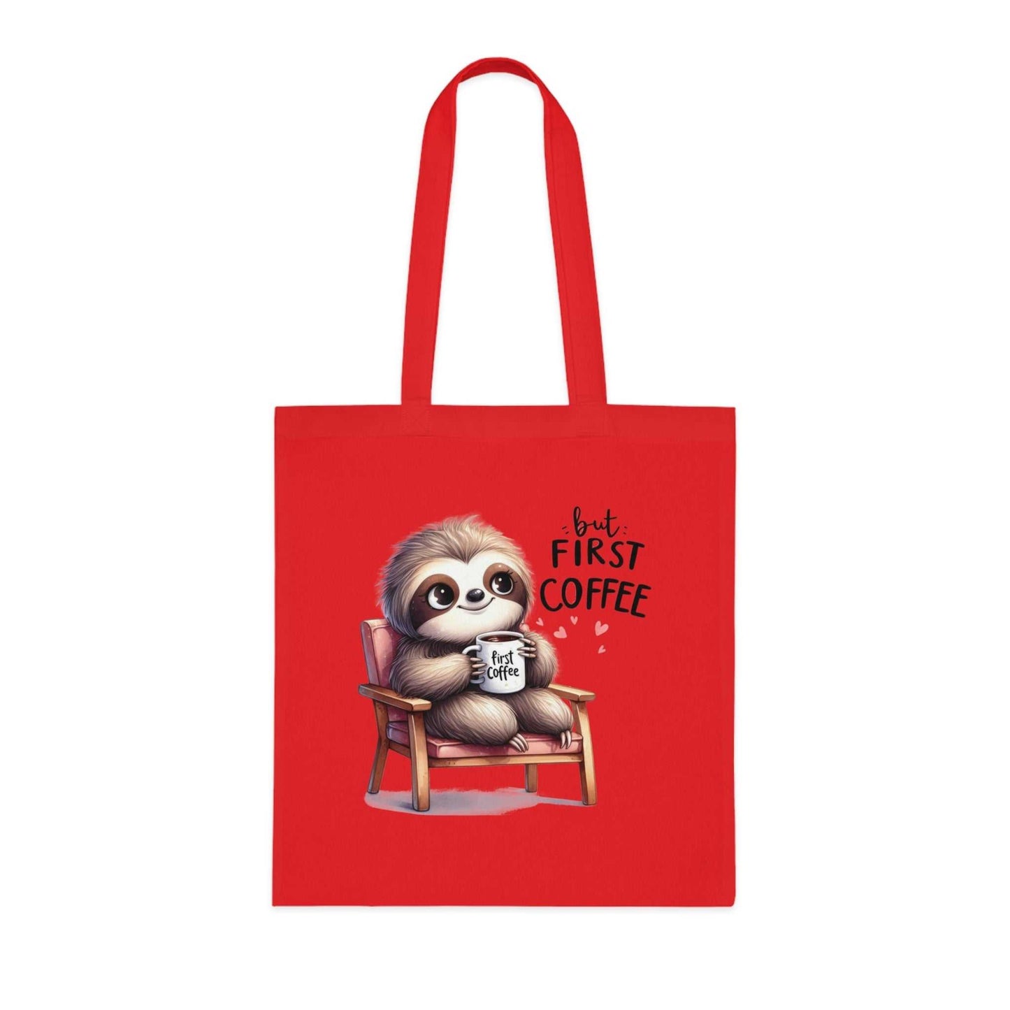 Cotton tote bag with cute sloth design, vibrant colors, 42cm x 38cm size.