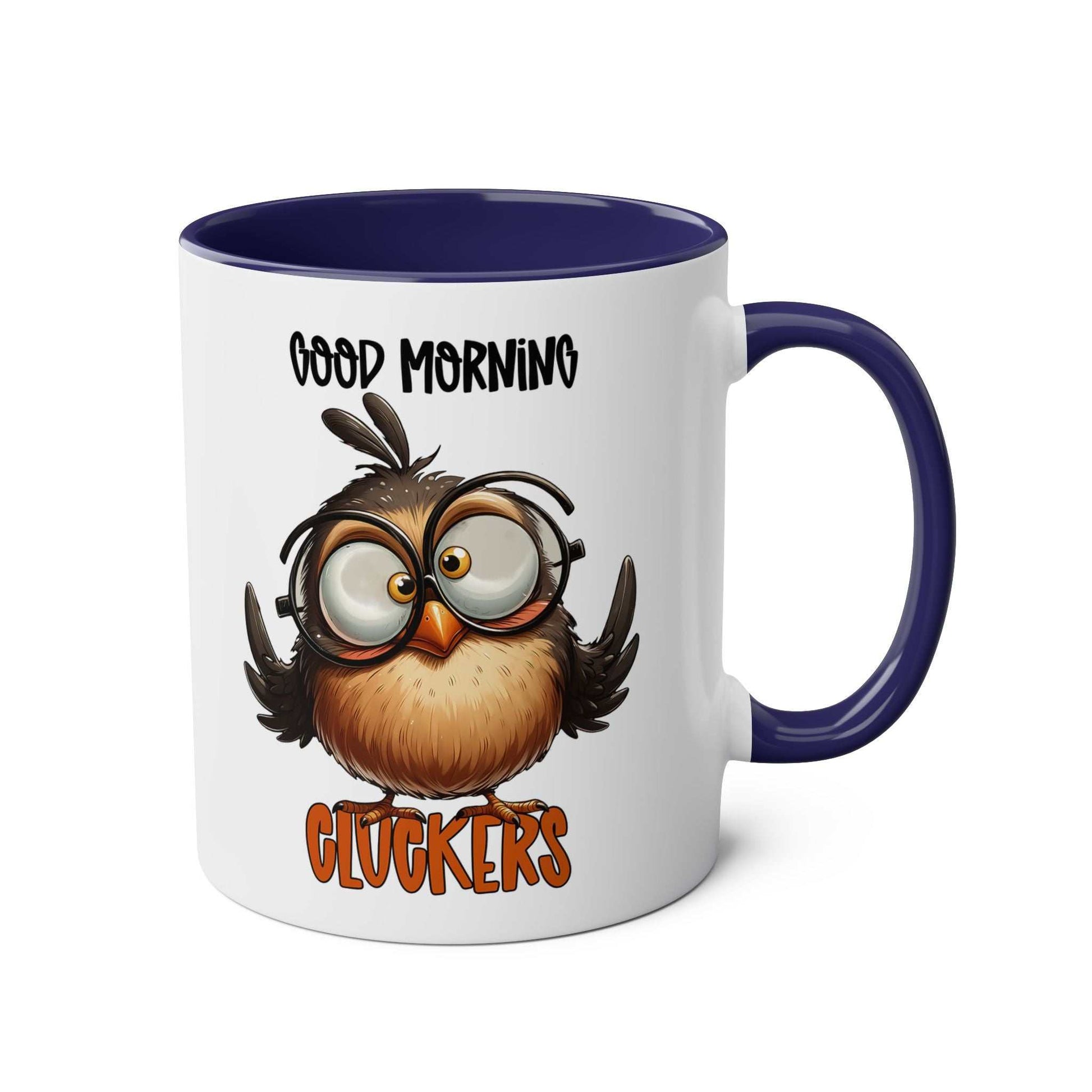 Morning Cluckers Coffee Mug with funny owl design and glossy finish.