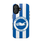 Brighton FC MagSafe iPhone case with blue and white stripes and seagull crest, dual-layer protection, MagSafe compatible
