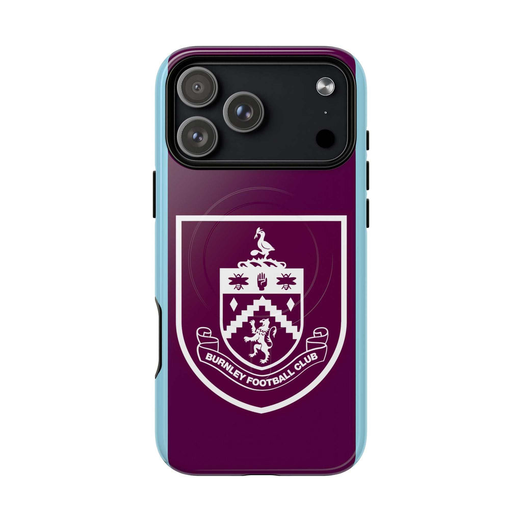 Burnley FC MagSafe iPhone Case with claret and blue colors and club crest, dual-layer protection, and MagSafe compatible.