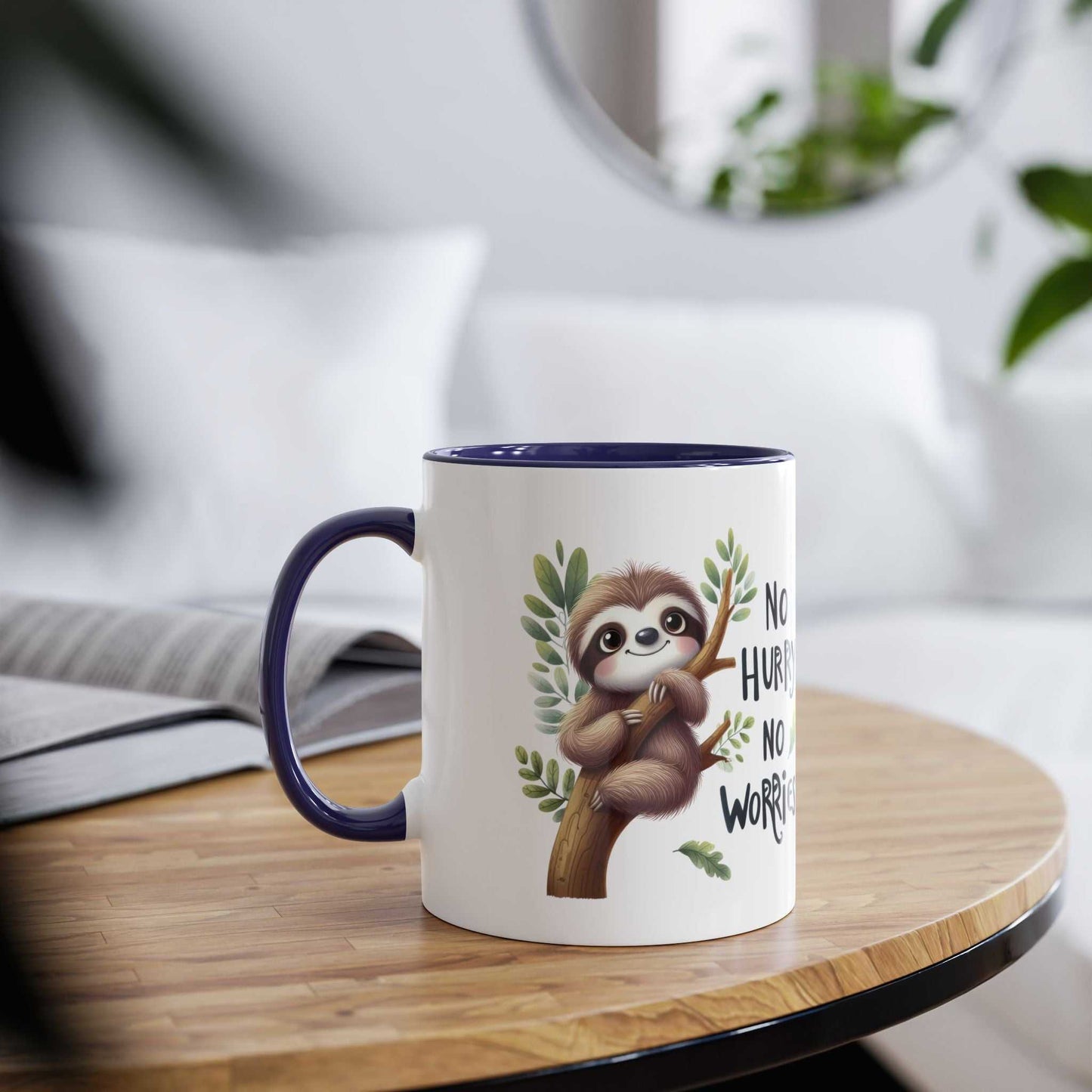 Cute sloth coffee mug with cheerful design on a wooden table.