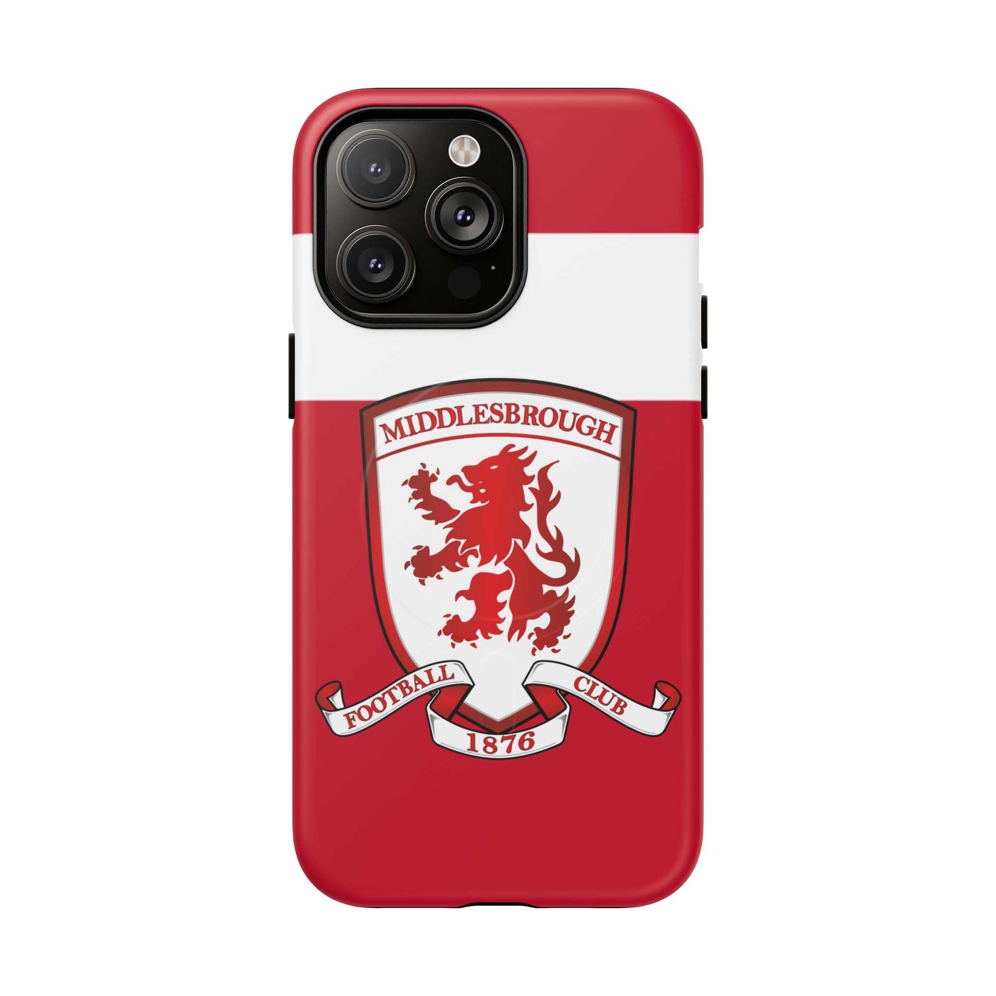 Middlesbrough MagSafe iPhone case with red design and club crest, dual-layer protection, and wireless charging compatibility.